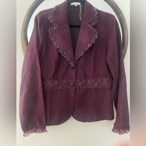 Claudia Richard Velvet Lace-Trim Blazer in Deep Berry
